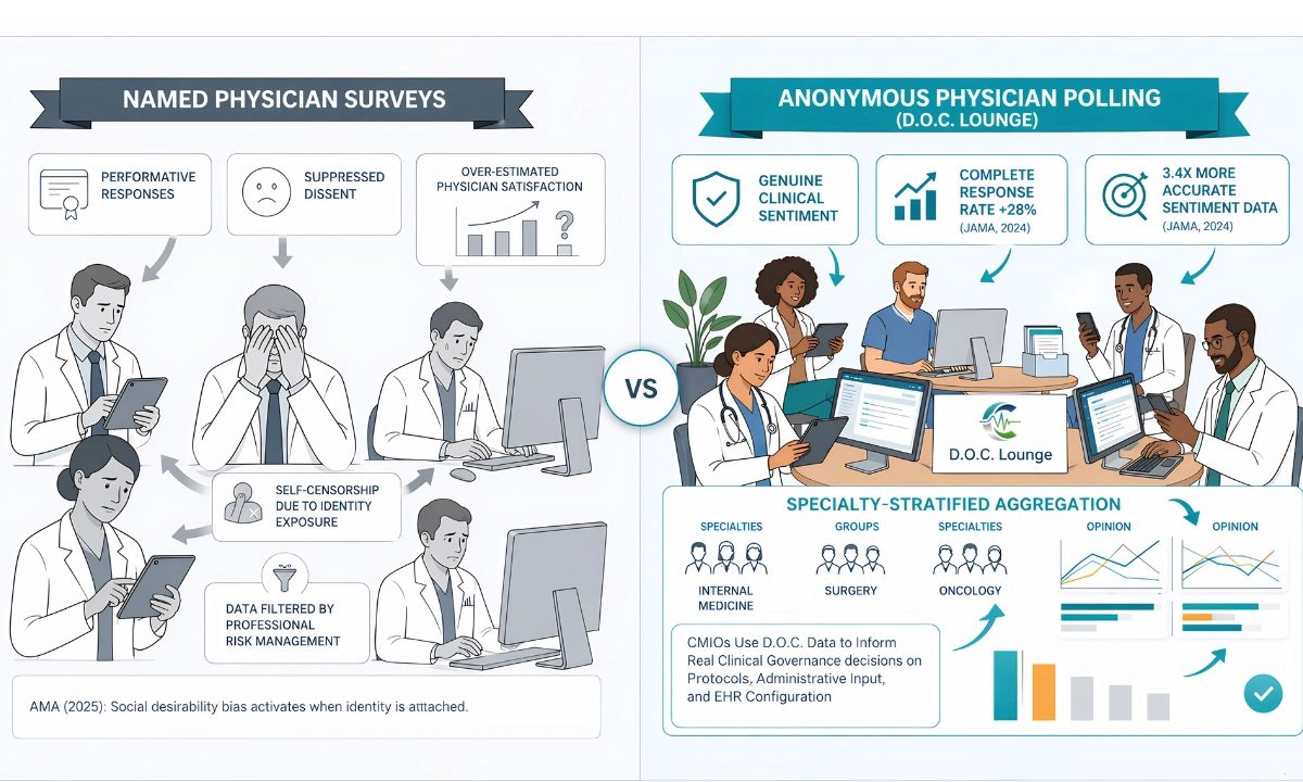 anonymous physician polling clinical insights D.O.C. Lounge panel contrast with named survey form, ClinicianCore