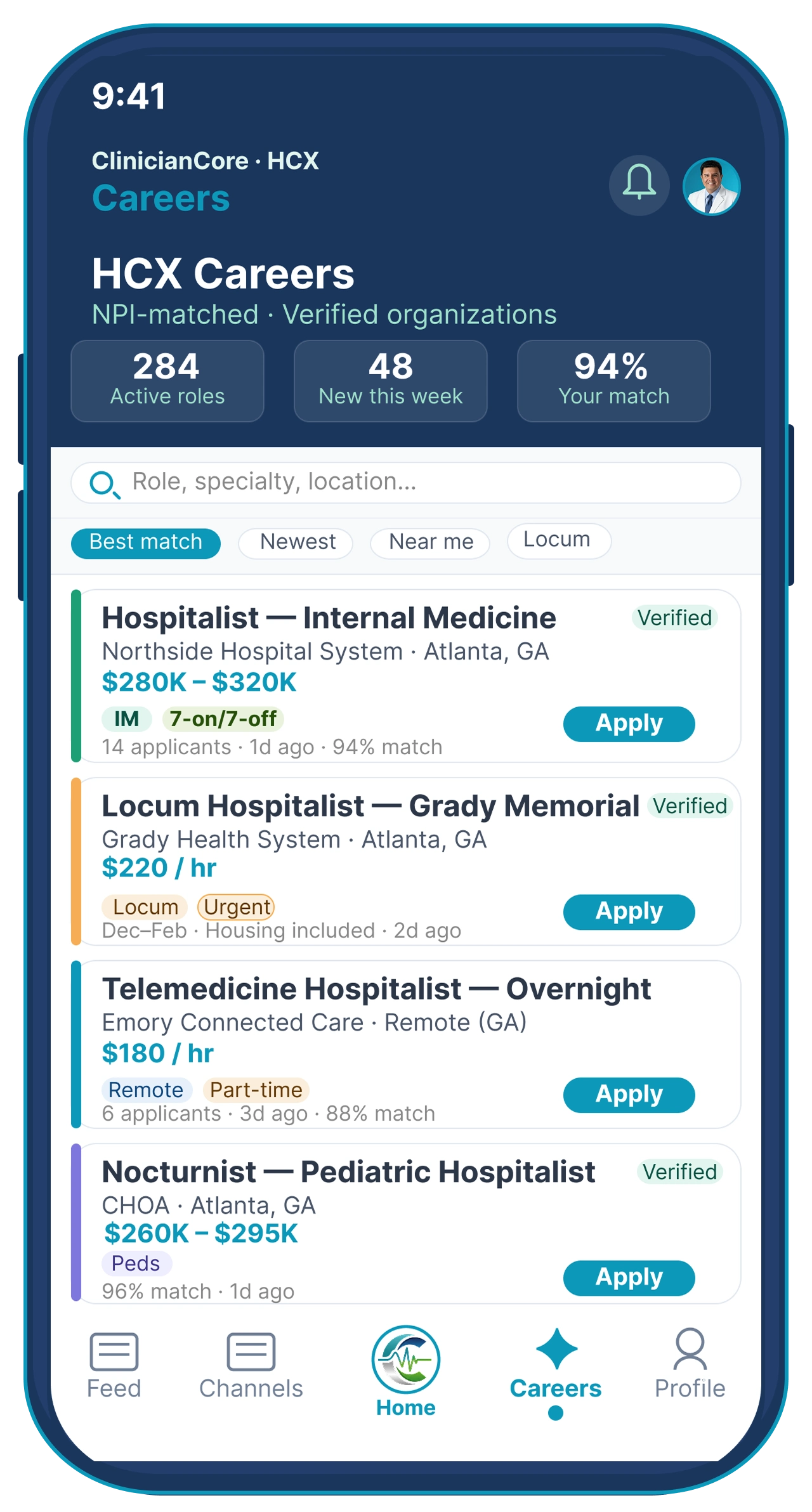 HCX careers screen showing NPI-matched physician job listings with salary and specialty filters ClinicianCore