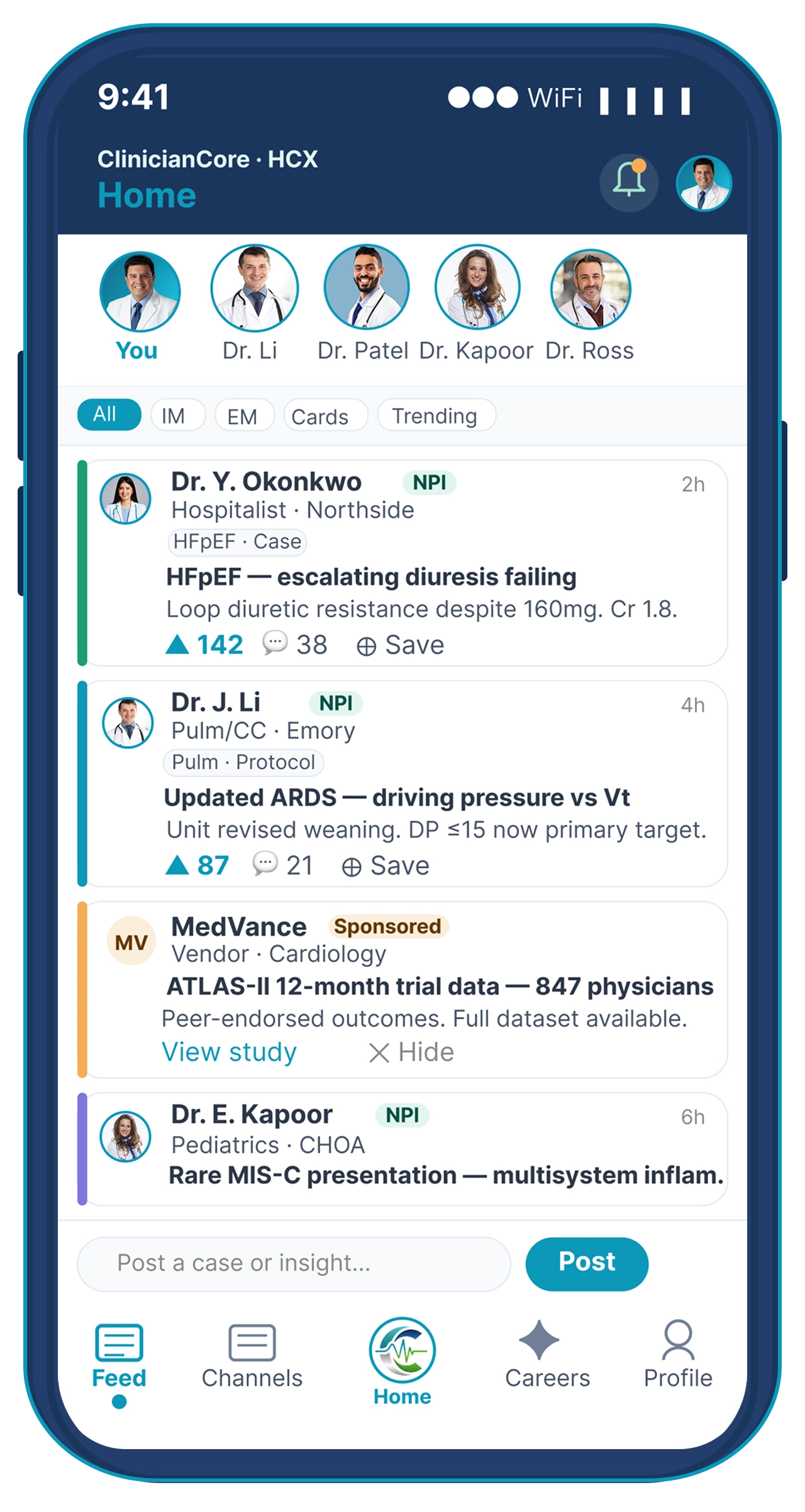 HCX home feed showing NPI-verified physician case discussions and specialty channel posts ClinicianCore