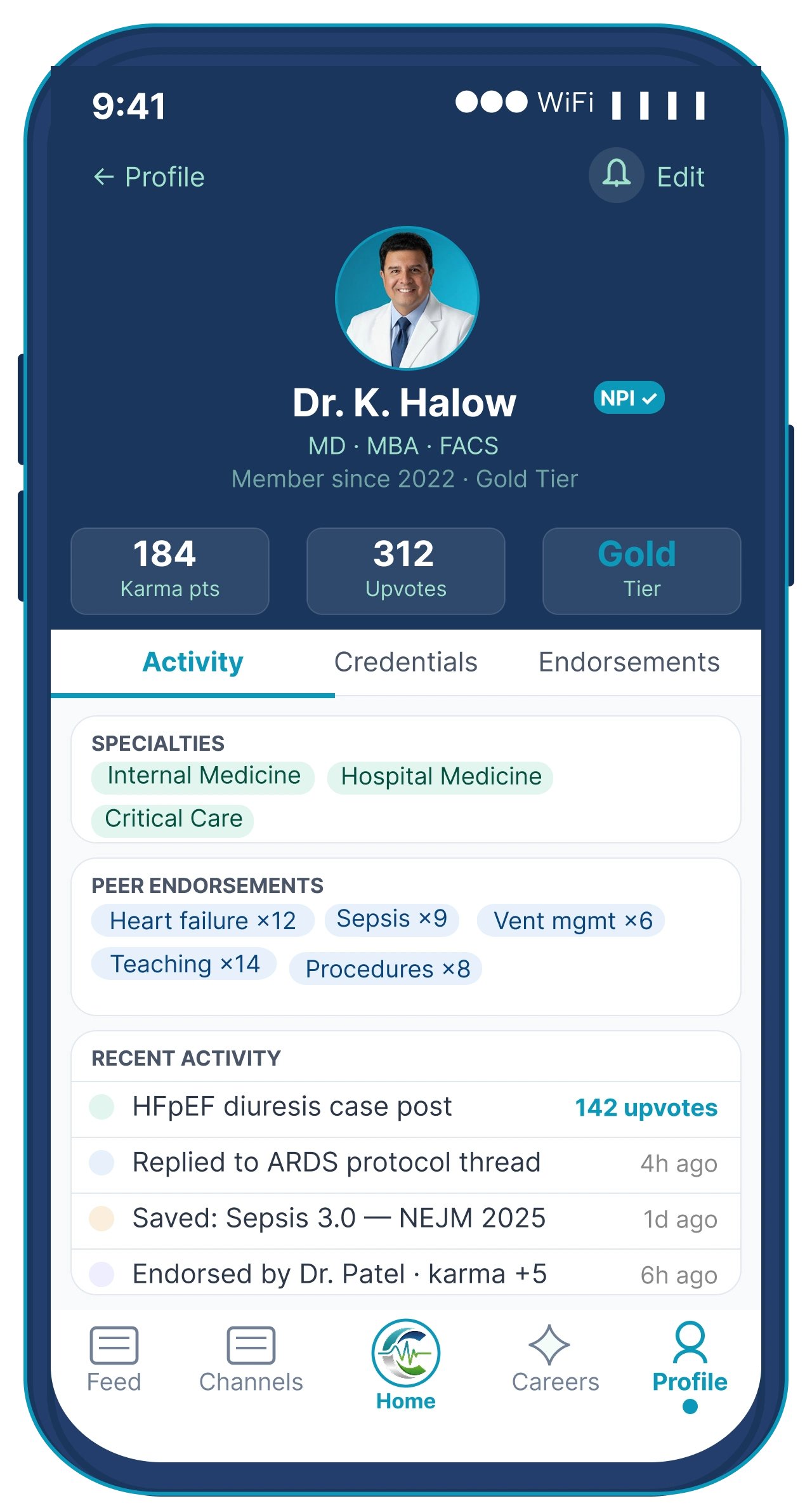 HCX physician profile showing NPI verification karma points peer endorsements and specialty credentials ClinicianCore