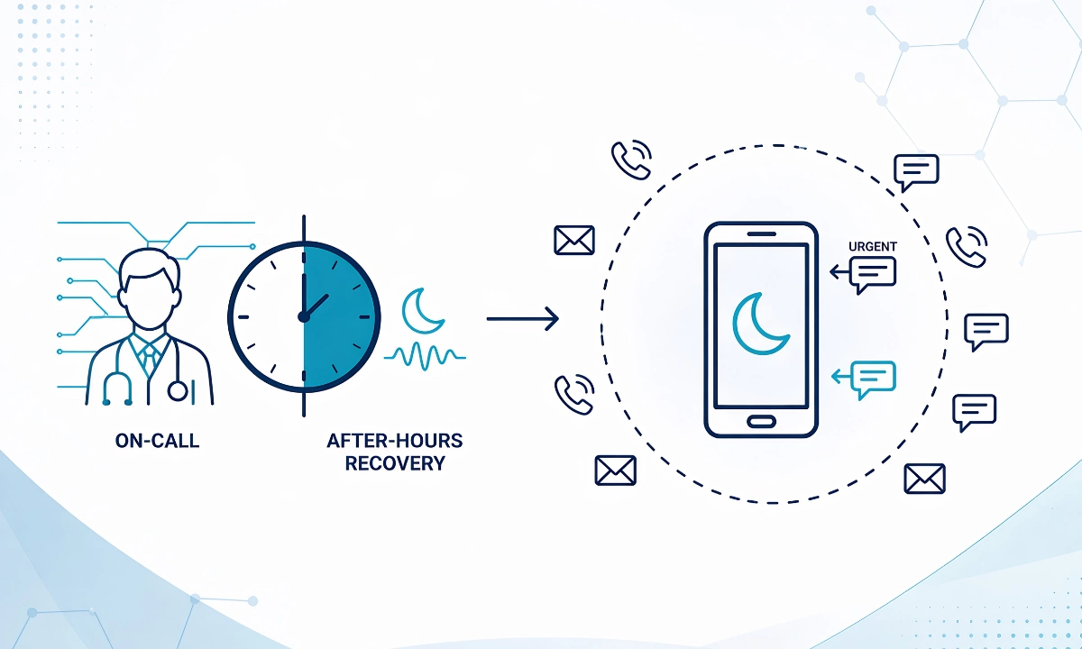 physician on-call burnout after-hours HCO smart routing interface physician reviewing smartphone at nursing station, ClinicianCore