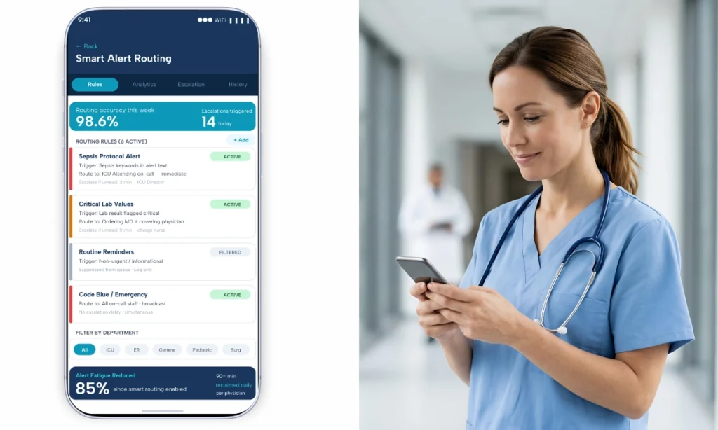 Predictive routing clinical communication AI learning node with physician workflow signal cluster and smartphone priority interface, ClinicianCore