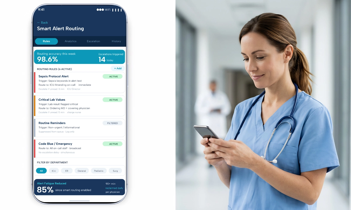 Predictive routing clinical communication AI learning node with physician workflow signal cluster and smartphone priority interface, ClinicianCore