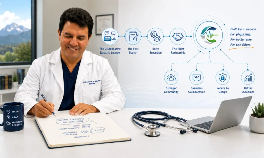 Physician-designed clinical communication platform founder story doctor reviewing HCC consultation on smartphone ClinicianCore