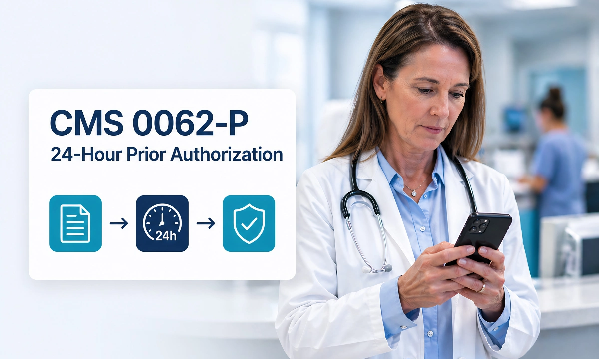 CMS 0062 P prior authorization 24-hour relay between clinics, illustrating clinical orchestration beyond the EHR by ClinicianCore