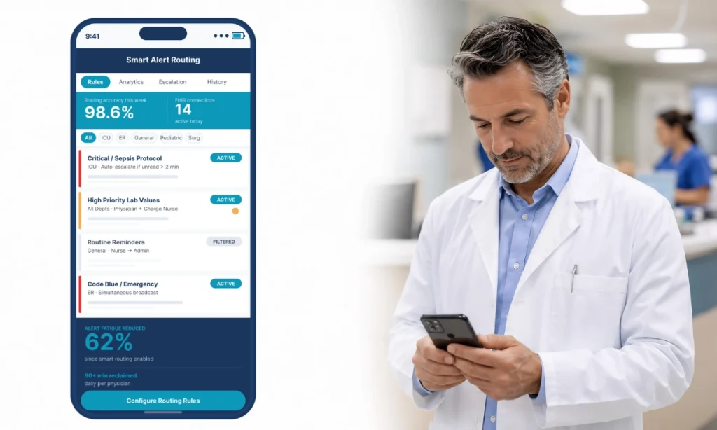 FHIR clinical communication platform physician reviewing smart routing interface at hospital nursing station, ClinicianCore