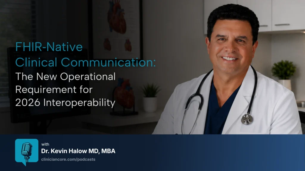 Fhir‑Native Clinical Communication: The New Operational Requirement For 2026 Interoperability 5 HIPAA compliant FHIR API integration physician reviewing clinical communication workflow on smartphone, ClinicianCore
