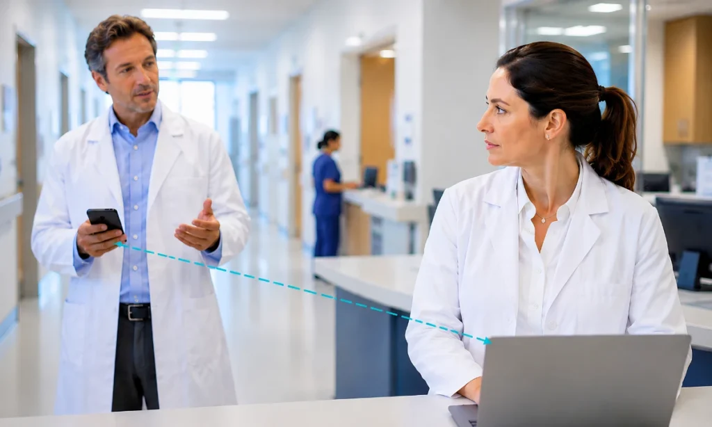 How Specialist Consultation Delays Affect Patient Outcomes: The 2026 Evidence 6 Specialist consultation delays patient outcomes two physicians hospital corridor reviewing consultation ClinicianCore