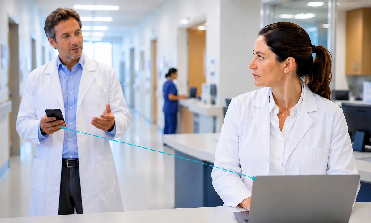 Specialist consultation delays patient outcomes two physicians hospital corridor reviewing consultation ClinicianCore