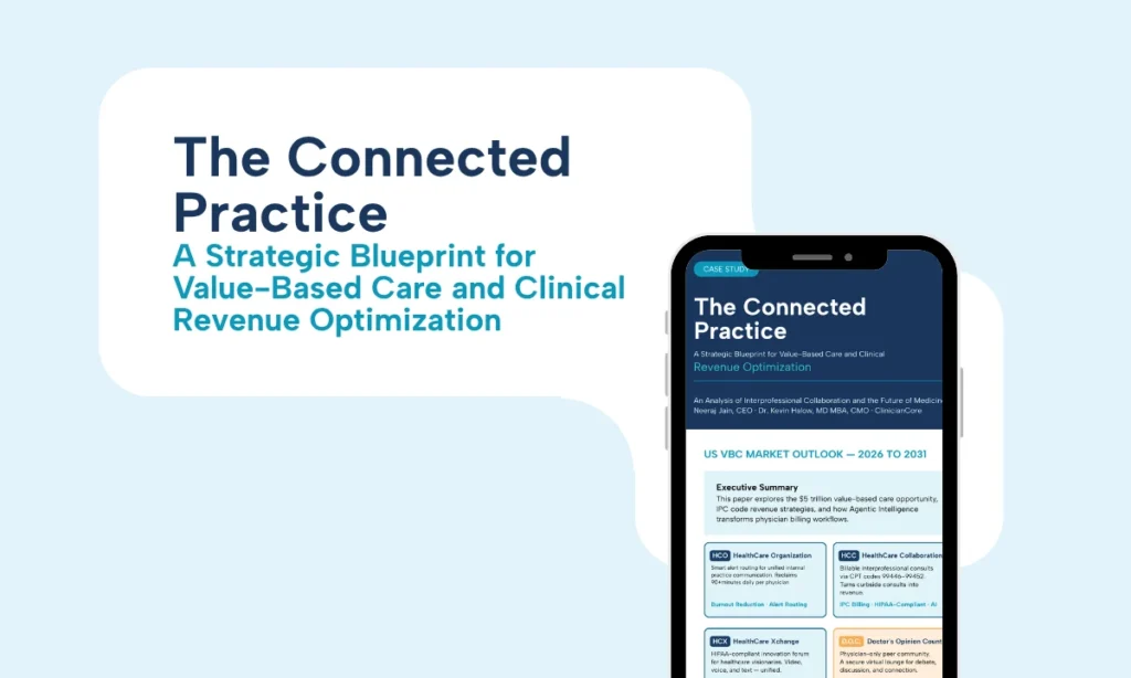 The Connected Practice: The Physician’s Guide To Unlocking Ipc Revenue 4 Value-based care white paper cover showing IPC CPT codes and ClinicianCore four-module platform overview, ClinicianCore