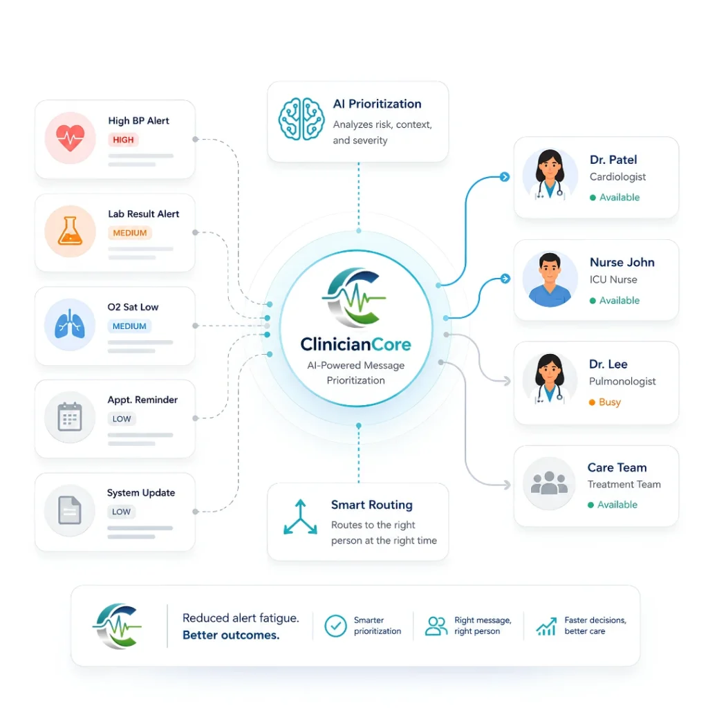 AI-powered smart alert routing diagram routing clinical alerts to physicians by priority and availability ClinicianCore