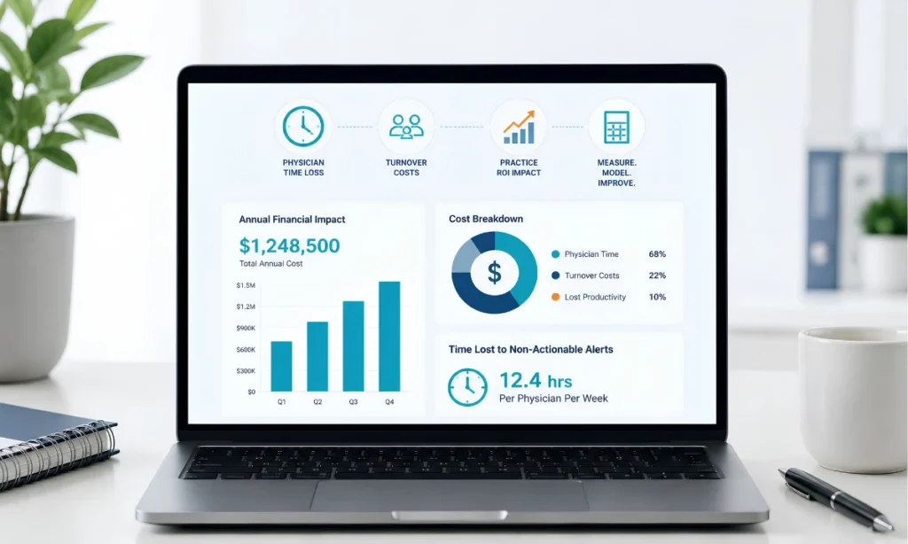 Alert fatigue cost physician practice ROI model physician reviewing smart routing notification on smartphone ClinicianCore