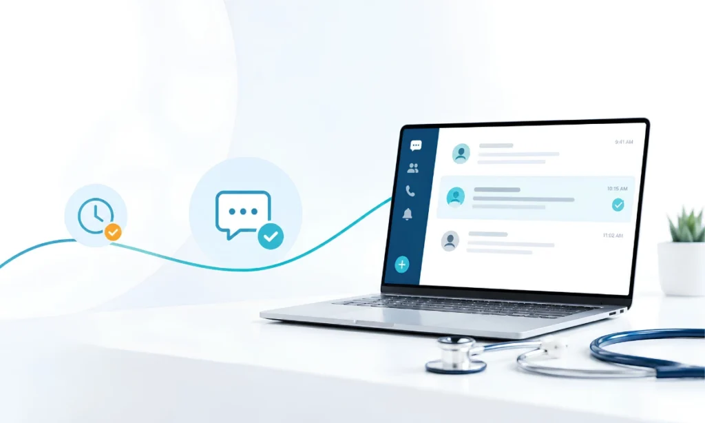 Asynchronous Communication In Medicine: How I Restructured My Workflow To Reduce Stress And Save Time 8 Asynchronous vs real-time clinical communication physician reviewing prioritized smartphone alerts at nursing station ClinicianCore