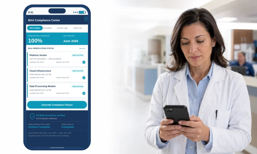 What Every Physician Practice Must Verify Before Deploying Any Communication Tool 6 BAA compliance physician reviewing HIPAA verification dashboard smartphone clinical communication ClinicianCore