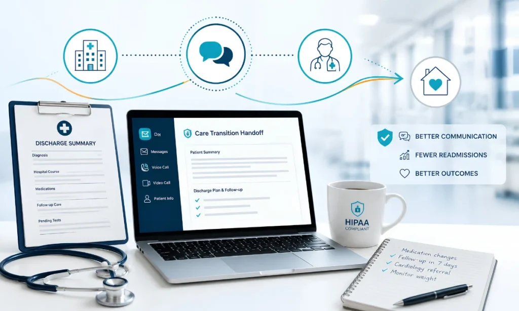 Care transition failures readmission risk physician reviewing patient handoff communication on smartphone at nursing station ClinicianCore