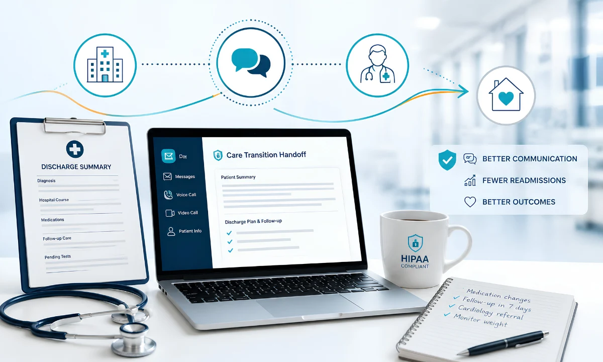 Care transition failures readmission risk physician reviewing patient handoff communication on smartphone at nursing station ClinicianCore