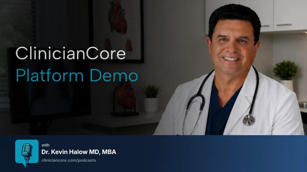 ClinicianCore platform demo physician reviewing unified clinical dashboard on smartphone nursing station ClinicianCore