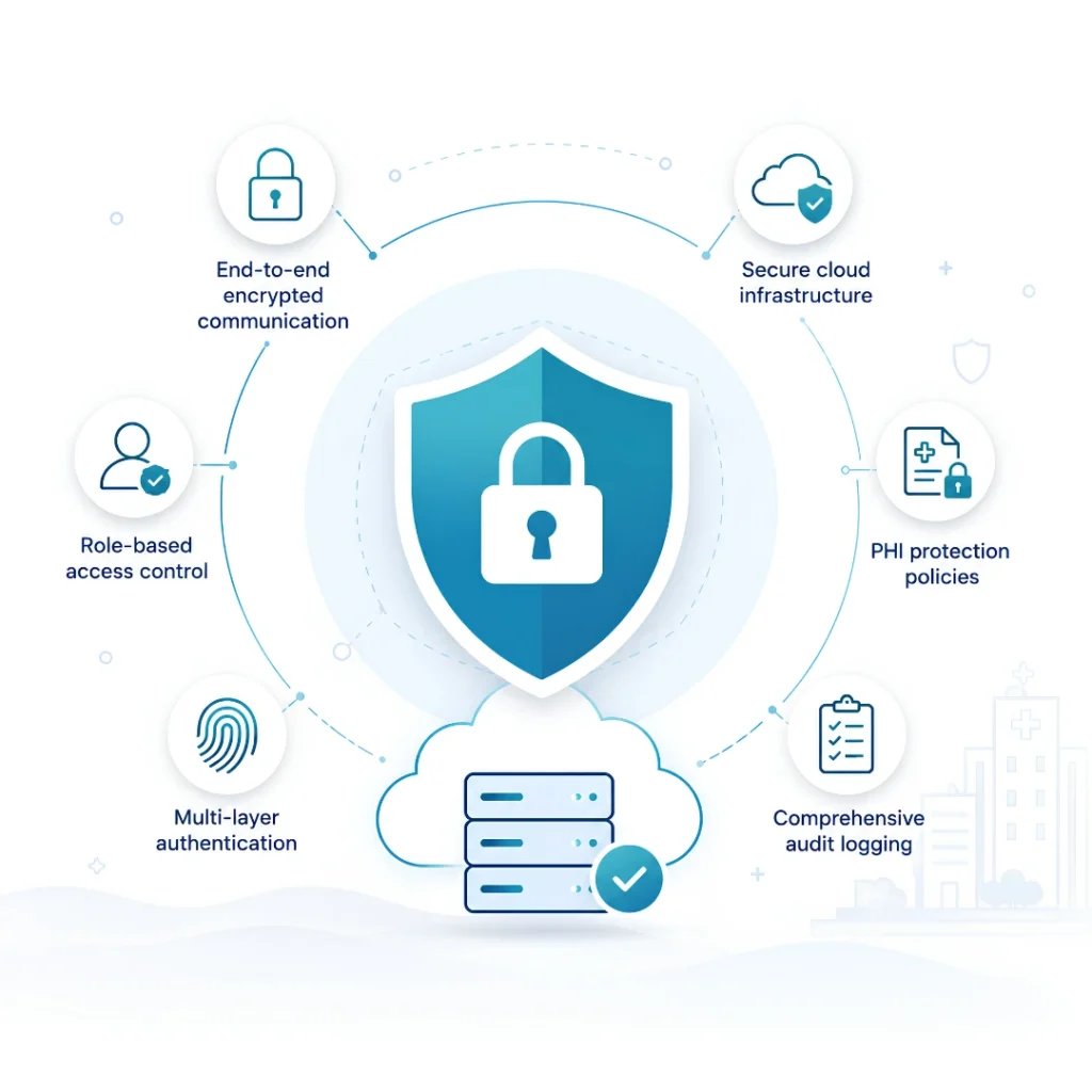 Enterprise HIPAA security architecture diagram showing encryption audit logging and role-based access controls ClinicianCore