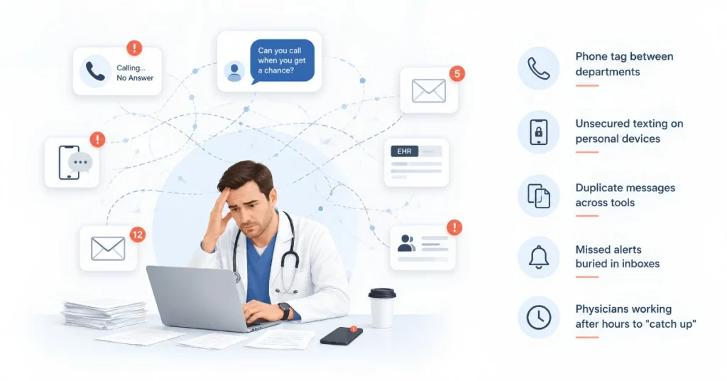 Fragmented clinical communication showing physician overwhelmed by disconnected alerts missed messages and EHR overload ClinicianCore