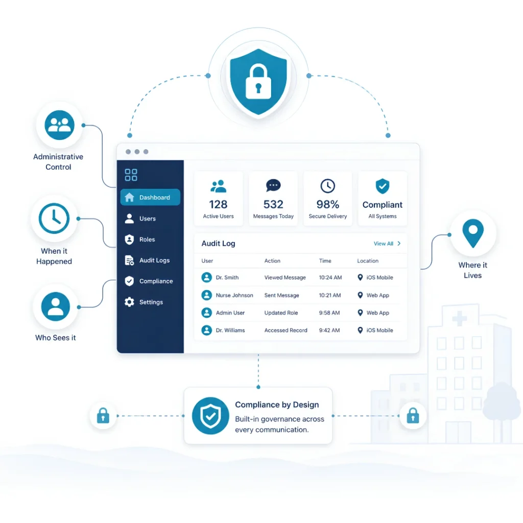 HIPAA compliance governance dashboard showing audit logs administrative controls and role-based access ClinicianCore
