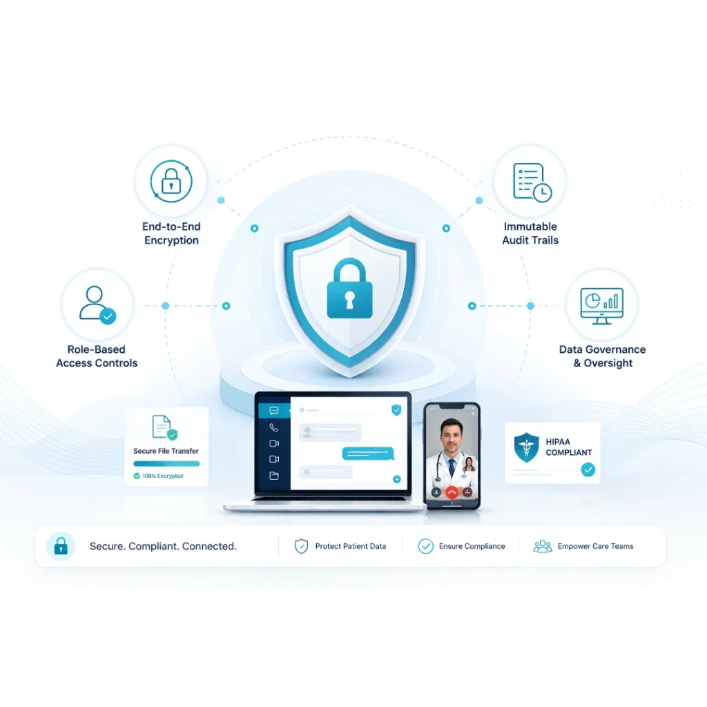 HIPAA compliant clinical communication platform showing encryption audit trails and role-based access controls ClinicianCore