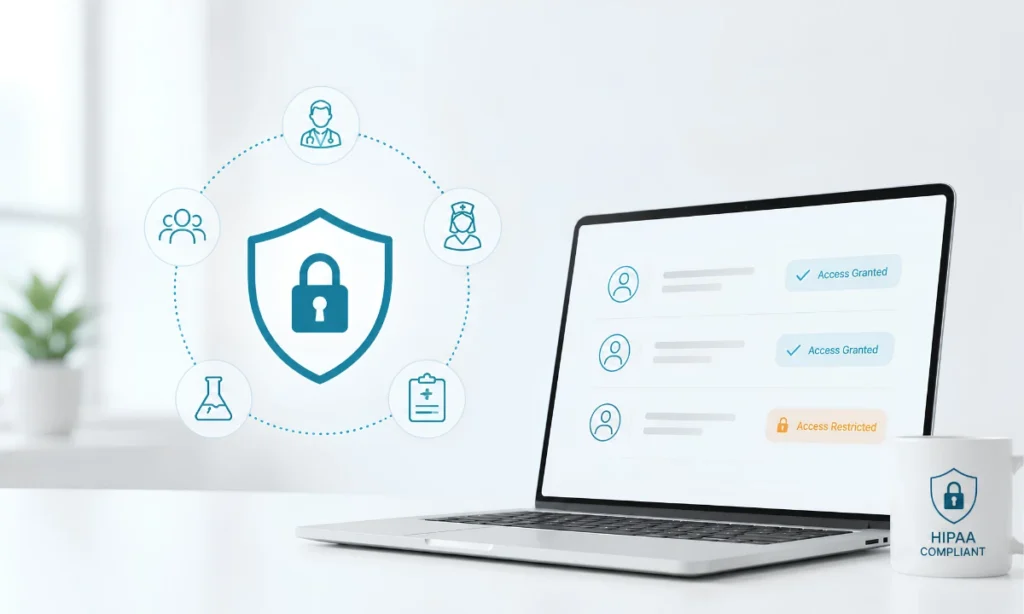 Hipaa Compliance: Why Your Practice Needs Rbac 9 Role-based access controls HIPAA physician reviewing secure HCO Practice HQ alert routing on smartphone, ClinicianCore