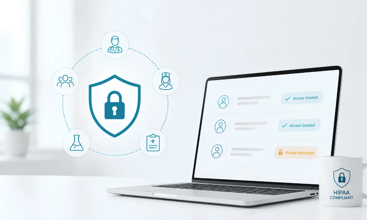 Role-based access controls HIPAA physician reviewing secure HCO Practice HQ alert routing on smartphone, ClinicianCore