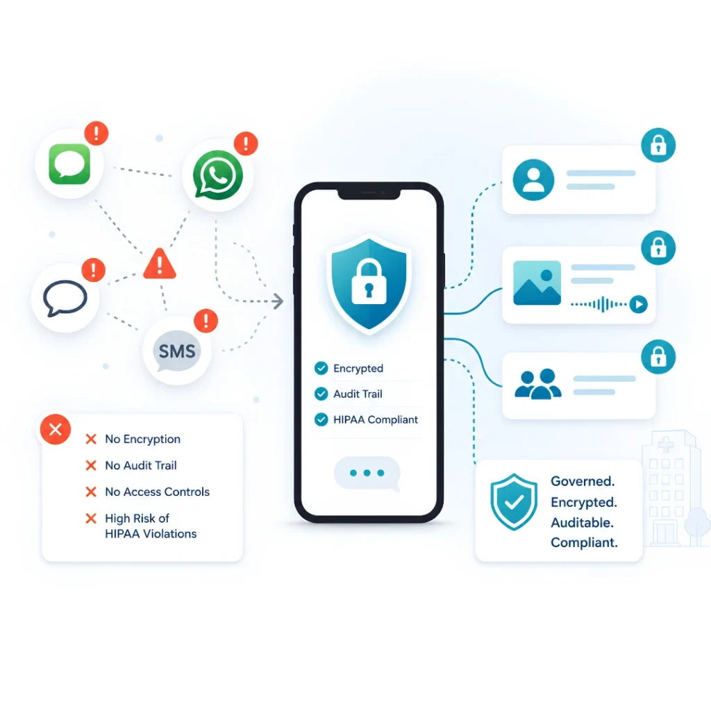 Shadow IT risk diagram comparing consumer messaging apps to HIPAA compliant clinical communication platform ClinicianCore