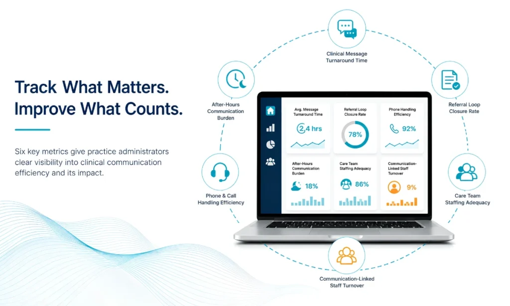 Clinical communication efficiency metrics physician reviewing HCO alert routing dashboard smartphone, ClinicianCore
