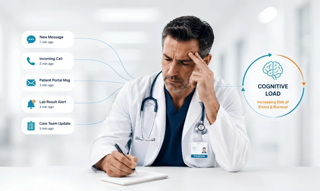 Clinical interruptions physician cognitive overload doctor using smart routing smartphone at nursing station ClinicianCore
