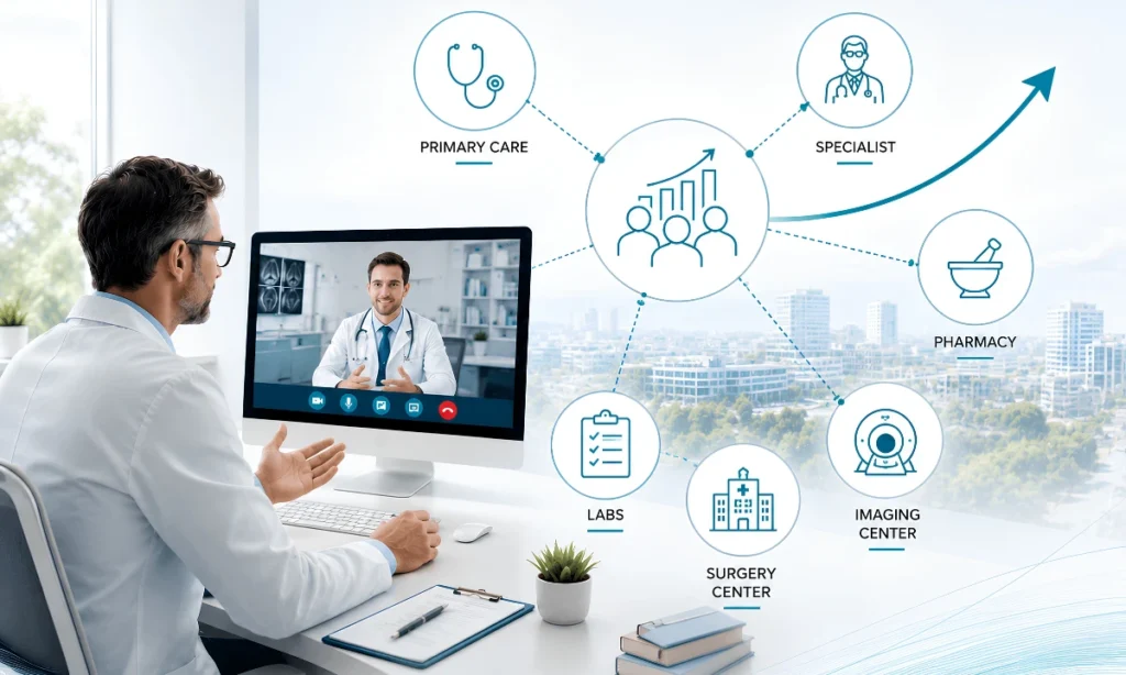 Collaboration in independent medical practices shown through a connected care team network, ClinicianCore