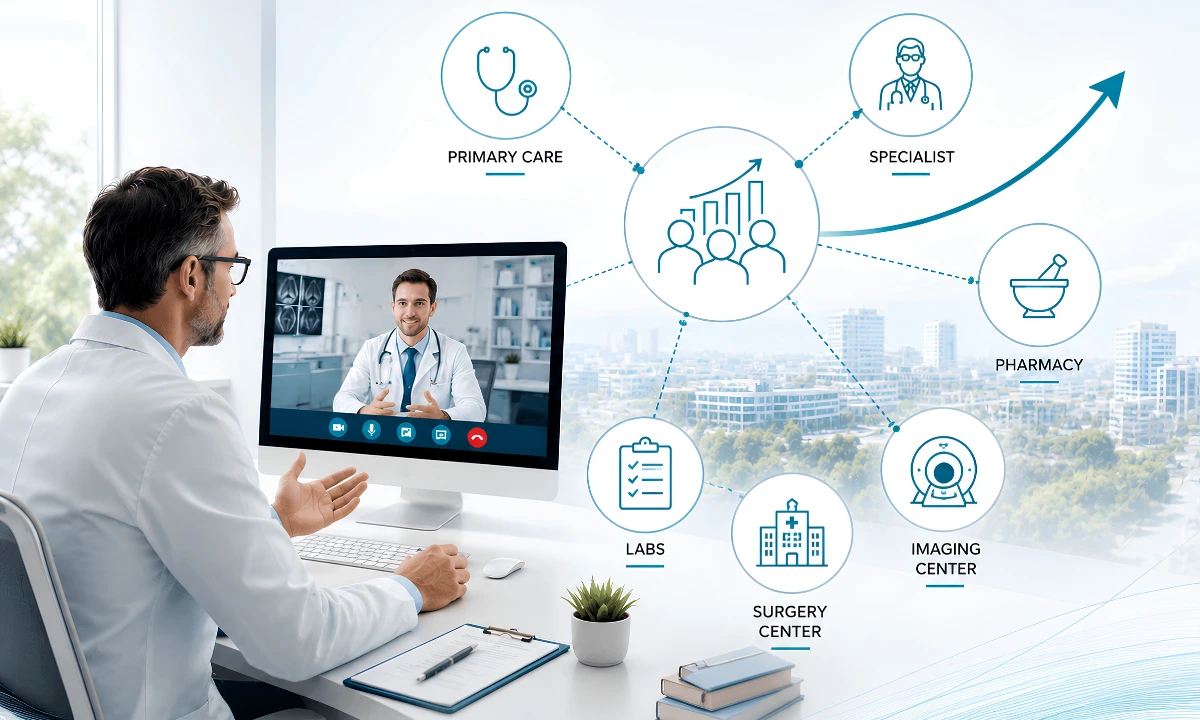 Collaboration in independent medical practices shown through a connected care team network, ClinicianCore