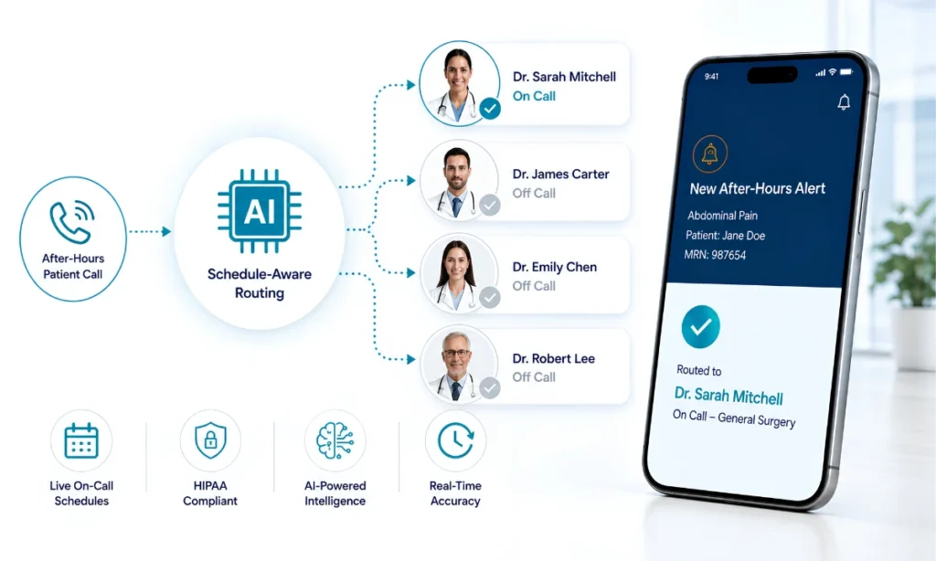 On-call schedule-aware routing physician reviewing prioritized alert on smartphone nursing station ClinicianCore
