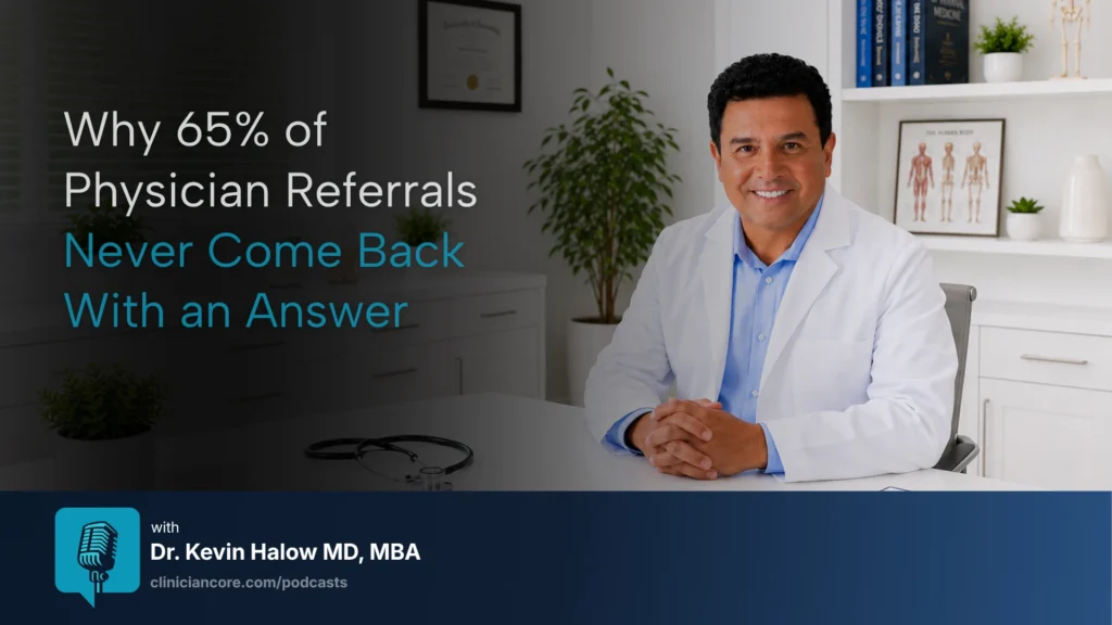 Closing the referral loop physician reviewing tracked referral thread on smartphone at nursing station, ClinicianCore