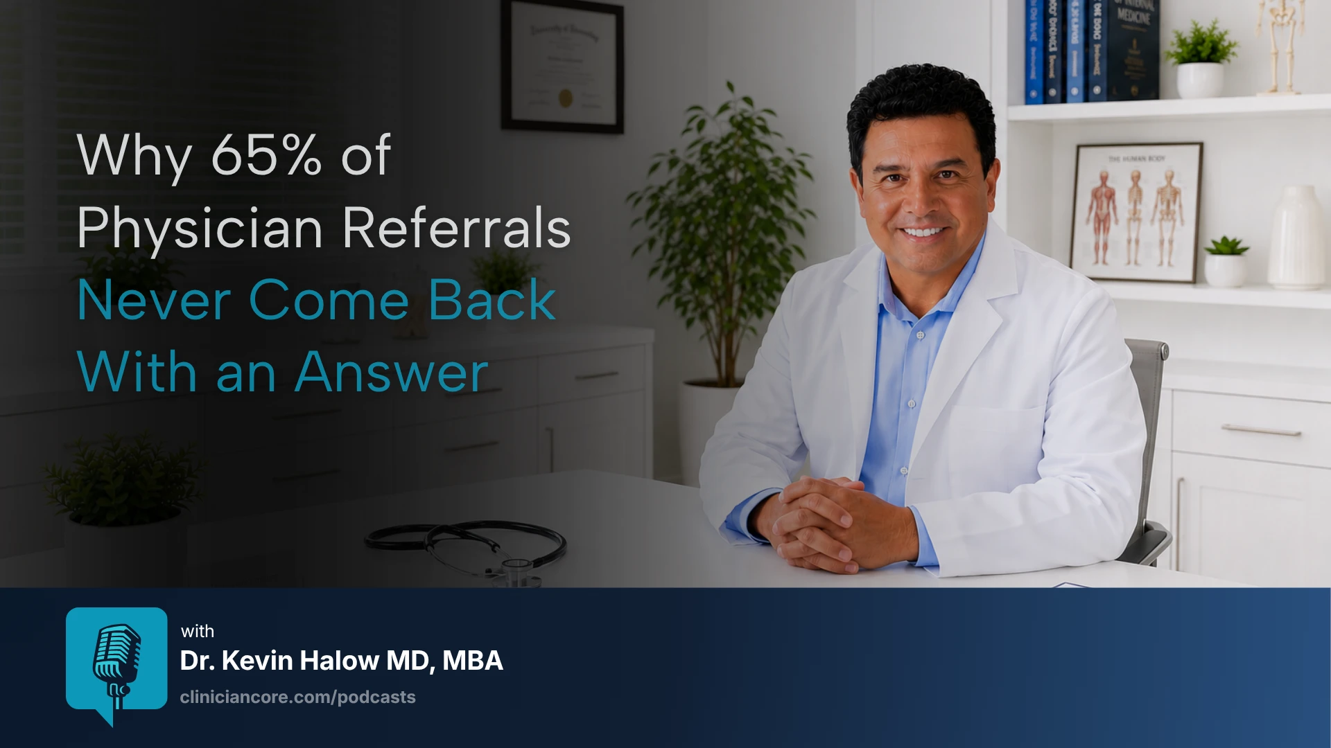 Closing the referral loop physician reviewing tracked referral thread on smartphone at nursing station, ClinicianCore