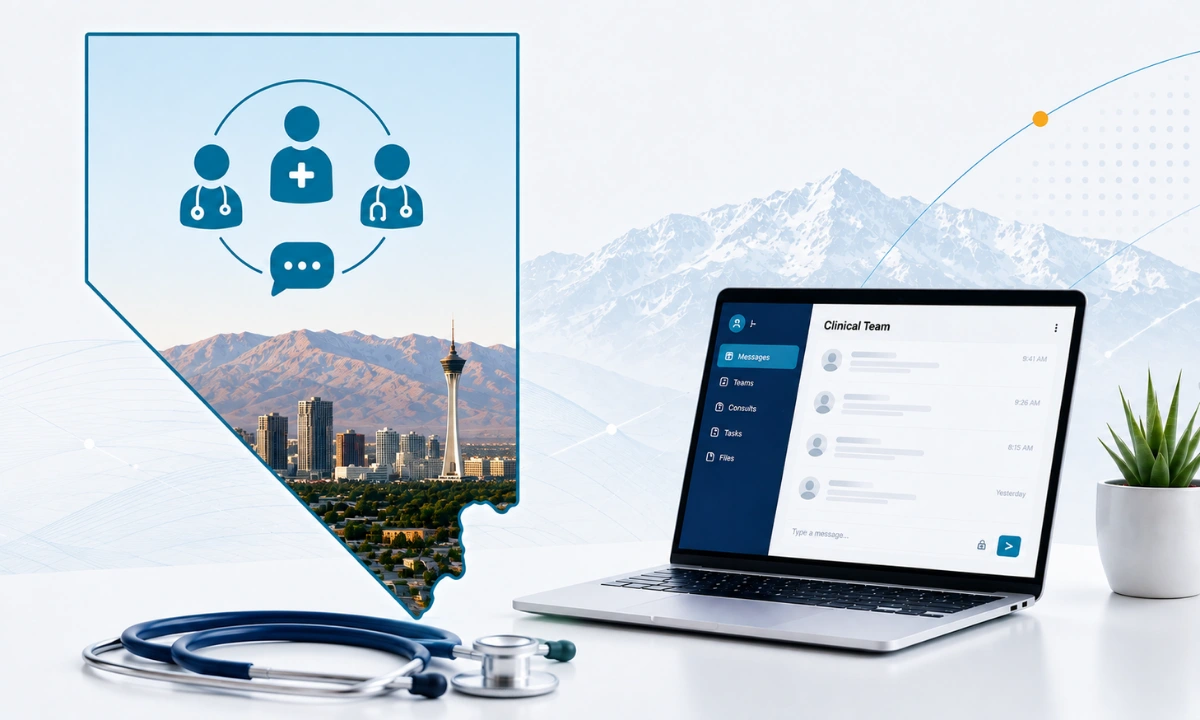 Connected healthcare community in Nevada physician reviewing secure multi channel smartphone interface, ClinicianCore