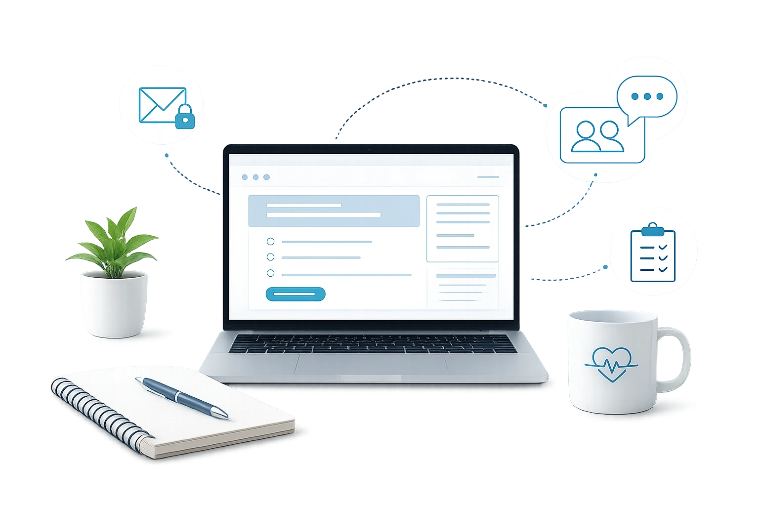 Physician writing an article on a laptop, surrounded by secure messaging and clinical checklist icons