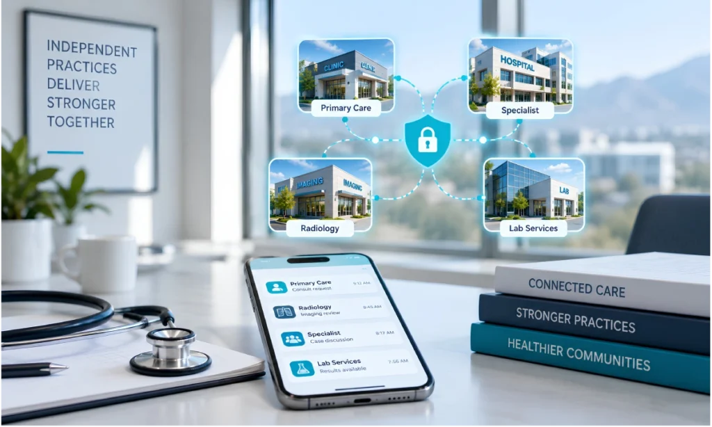 Interorganizational clinical communication physician reviewing routed consult request smartphone ClinicianCore
