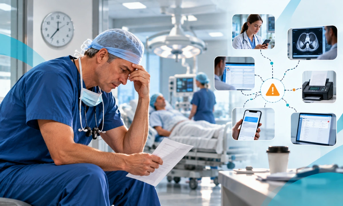 Outpatient communication fragmentation physician reviewing consult on smartphone at nursing station, ClinicianCore
