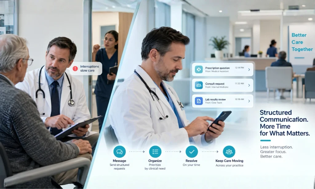 Structured clinical communication physician reviewing HCO routing queue in a clinic office, ClinicianCore