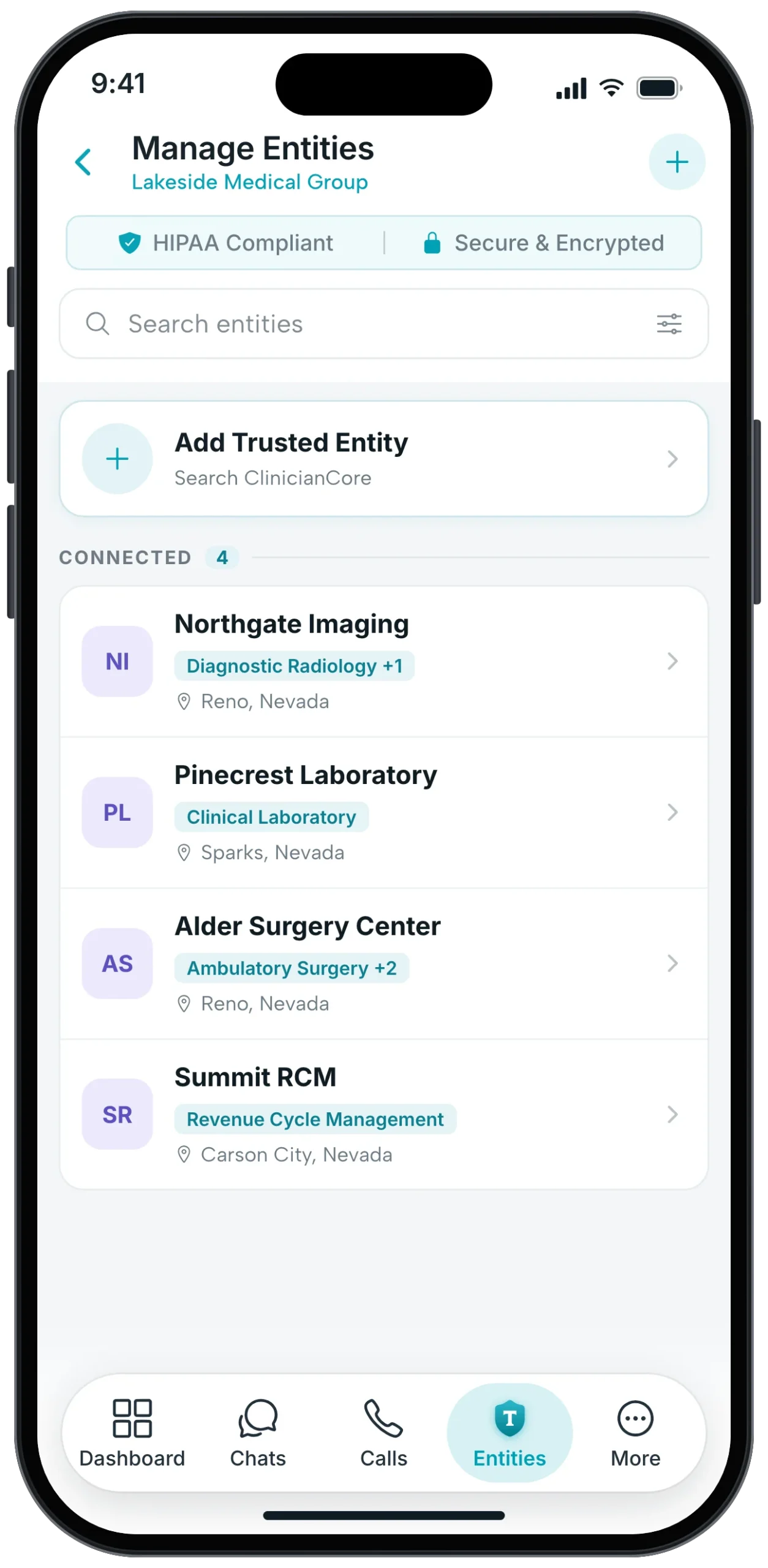 Manage Trusted Entities screen in ClinicianCore listing connected organizations, sample data