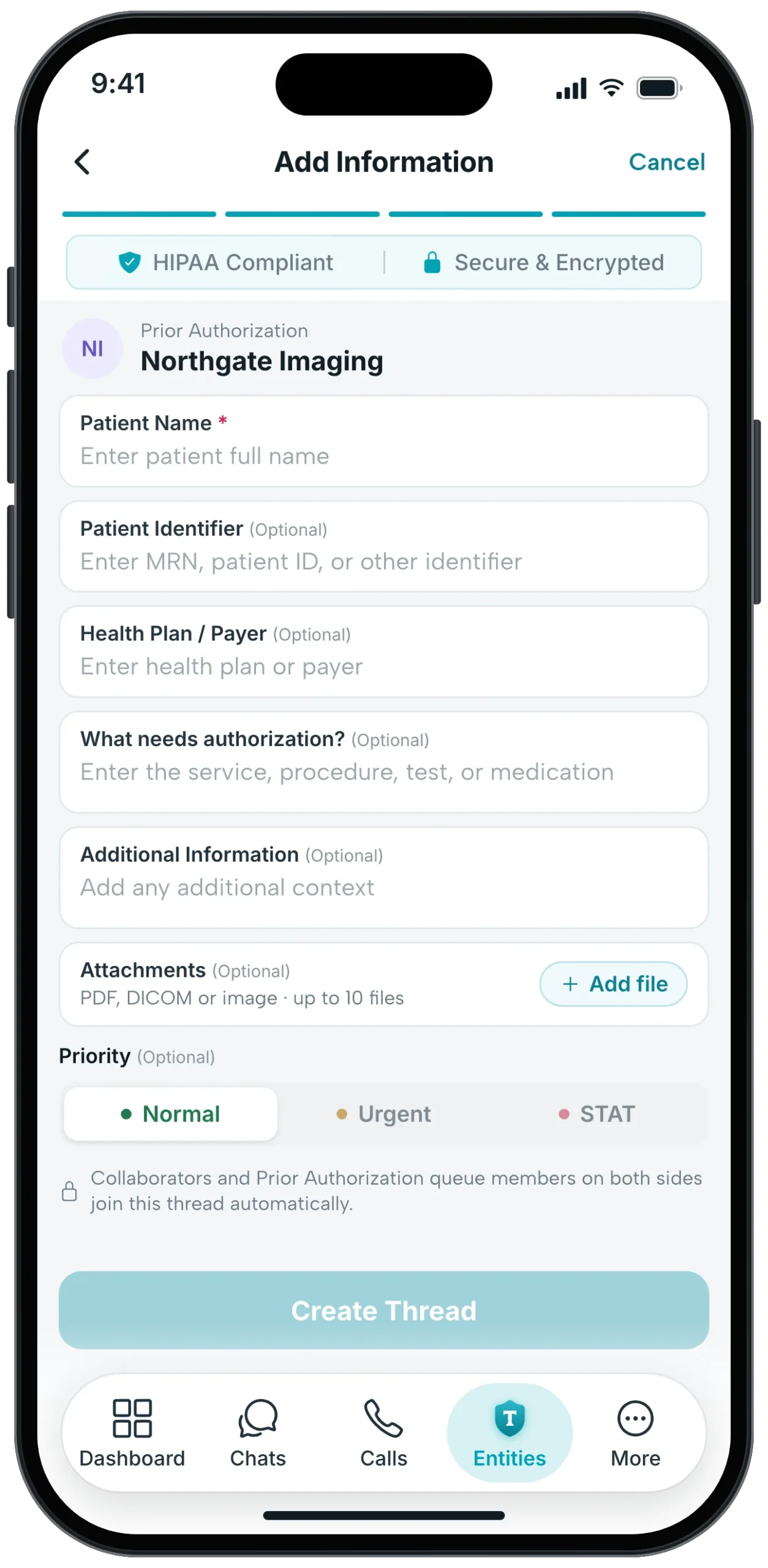 New Trusted Entity thread in ClinicianCore with request details, attachments and Normal, Urgent or STAT priority