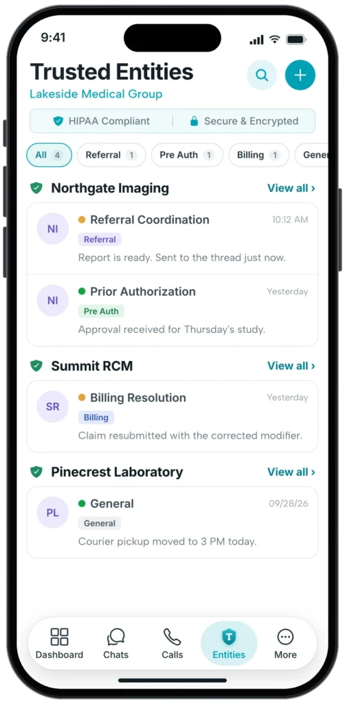 Trusted Entities screen in the ClinicianCore app with referral coordination and prior authorization threads