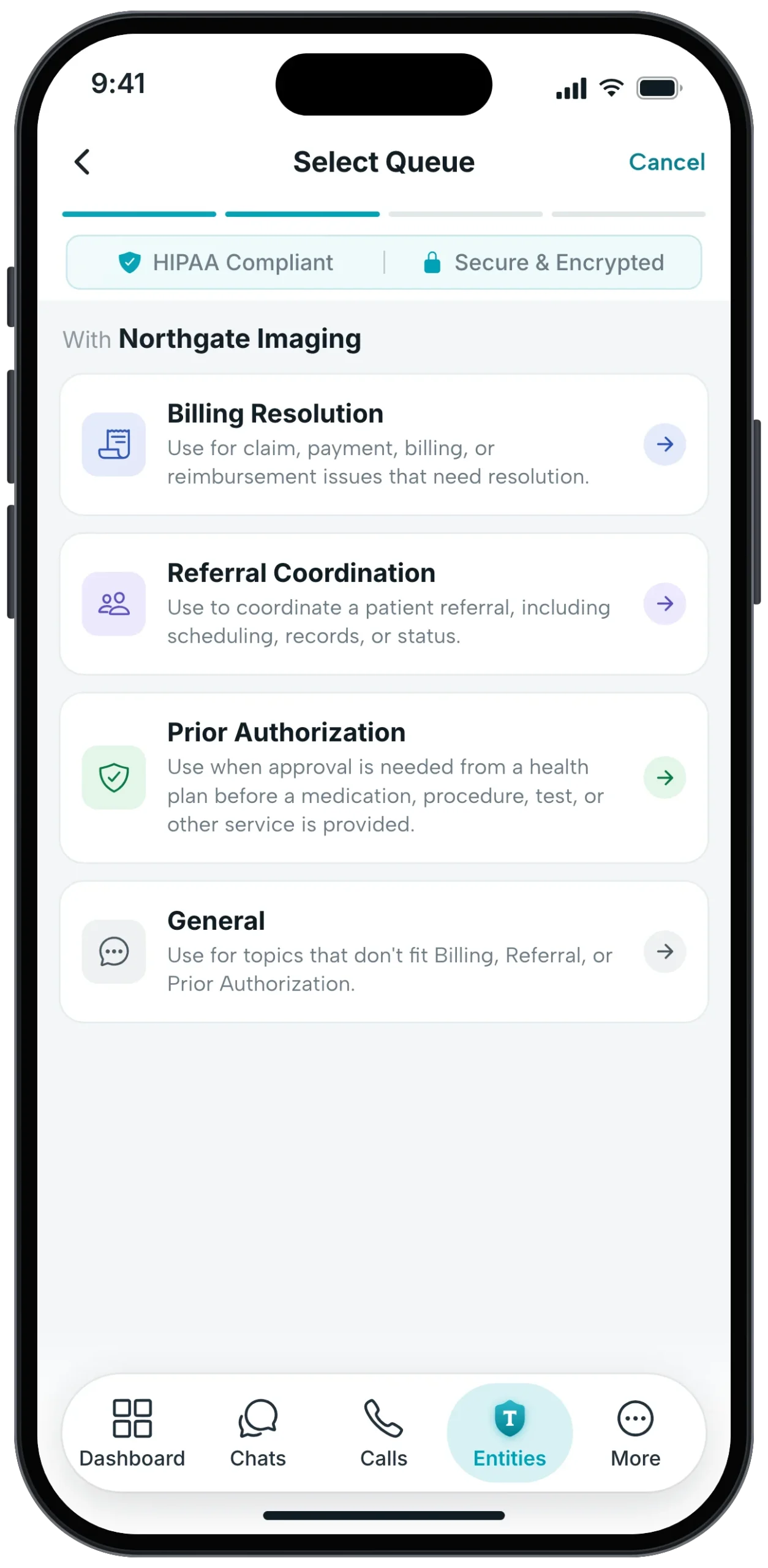 Select Queue screen in ClinicianCore with Billing Resolution, Referral Coordination, Prior Authorization and General queues